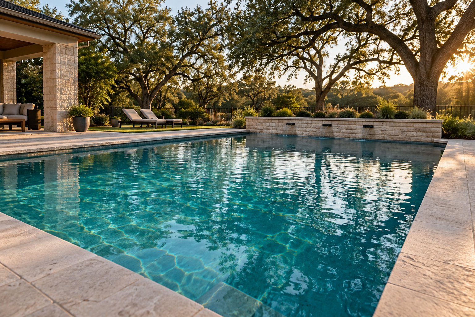 Clear pool water beneath the canopy of mature oak trees